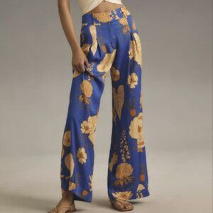 Farm Rio x Anthropologie Floral Satin Wide-Leg Trousers / Size: XS / Color: Blue